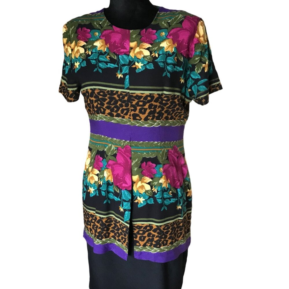 KC Spencer New York Knee-Length Dress, Vintage 70s Floral Leopard Print Size 10